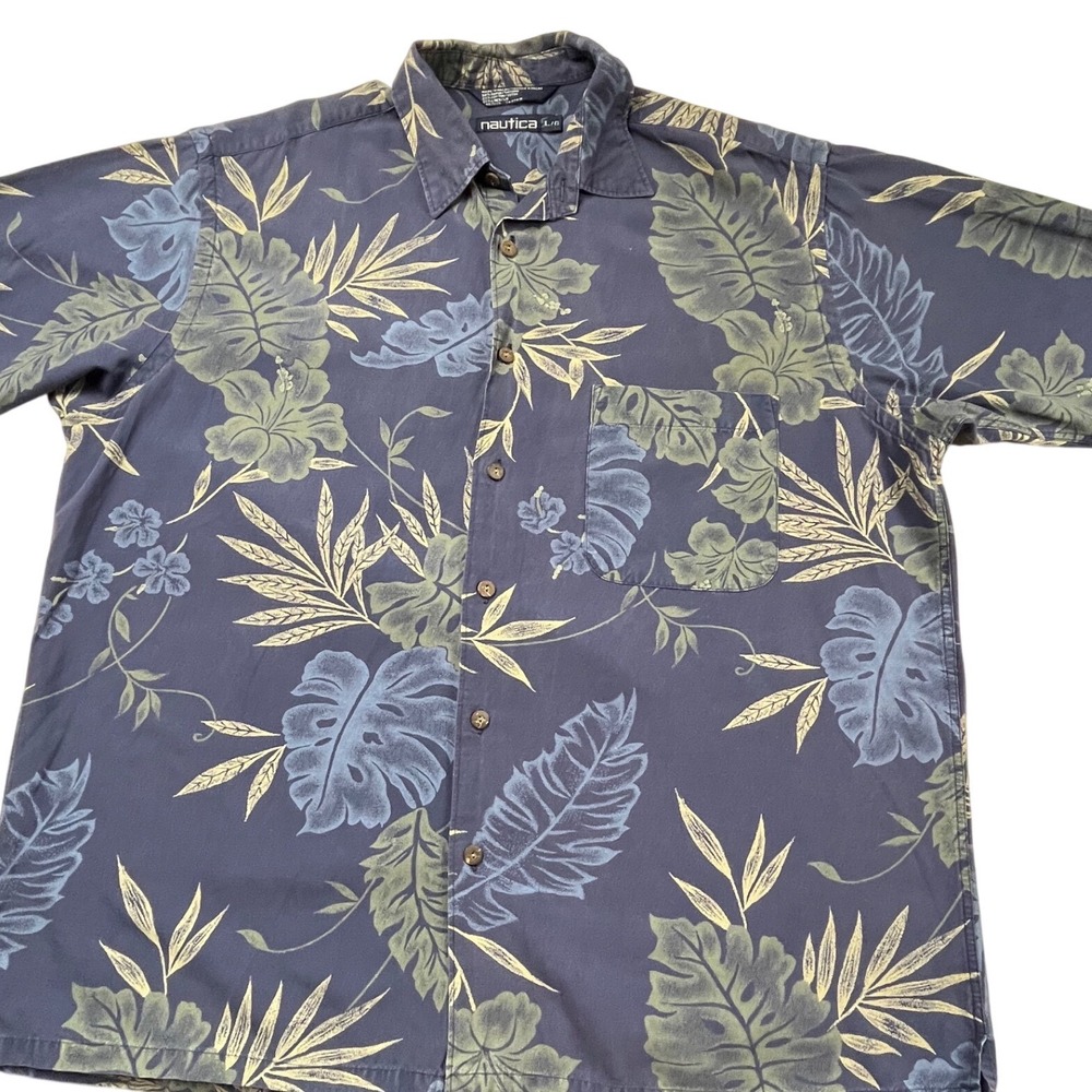 Nautica Mens Tropical‎ Floral Button Down Shirt Navy Blue Rayon Linen Blend XL